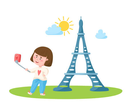 Travel cartoon girl taking selfie photo with eiffel tower, landmark or world place composition and cute kids character, isolated on white background vector illustrationのイラスト素材
