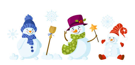 Snowman cartoon set - holidays or Christmas cute snowmen isolated on white background, winter character with scarf, santa hat, mittens, broom and festive decorations, snowflakes - vectorのイラスト素材