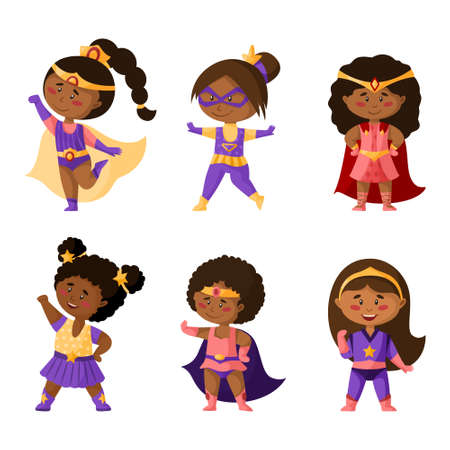 Superhero cartoon african american girls in super costumes, isolated vector clipart on white...