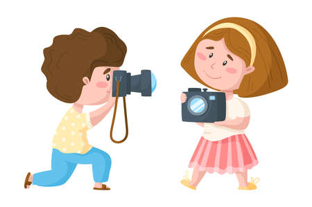 Traveling cartoon cute boy and girl with photo camera, kids travel or vacation clipart bundle, couple of funny tourists takes photos - isolated elements on white background vectorのイラスト素材