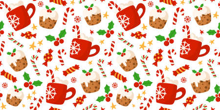 Christmas or New Year seamless pattern or digital paper - holly, red cocoa hot drink mug, candy...