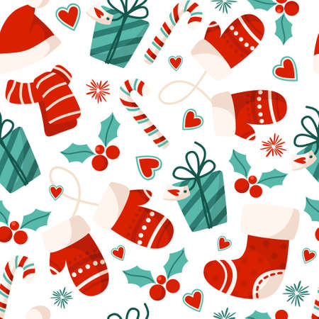 Christmas or New Year seamless pattern or digital paper - mittens, blue gift box, santa hat, scarf, candy cane, holly on white background, holiday endless background for wrapping, textile, scrapbookのイラスト素材