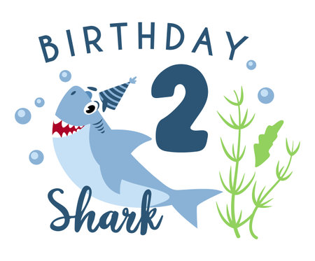 Baby Shark birthday party clipart - the second 2nd baby birthday, nursery cartoon cute nautical illustration on white background, undersea or marine animal vectorのイラスト素材