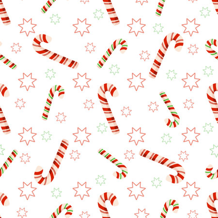 Christmas or New Year seamless pattern or digital paper - candy cane and stras simple abstract cartoon ornament, festive holiday sweets endless background for wrapping, textile, scrapbookのイラスト素材