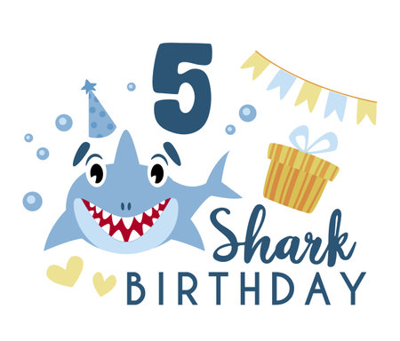 Baby Shark birthday party clip art - cartoon baby birthday composition, vector nursery cute nautical or undersea animal illustration on white backgroundのイラスト素材