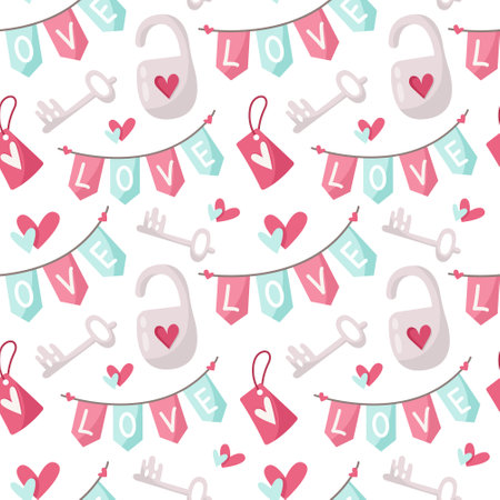 Valentine day cartoon seamless pattern, cute kids valentine heart, lock, flags garland, nursery endless digital paper in pink and peppermint color, backgroundのイラスト素材