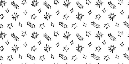 Space black and white doodle seamless pattern - hand drawn celestial line digital paper with space and stars, cute kids seamless background.のイラスト素材