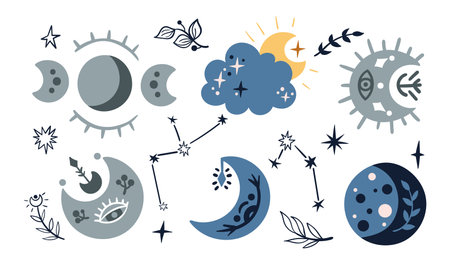 Celestial sky isolated kids clipart, boho cartoon moon, cloud, constellation and stars on white background, cute magic space baby illustration, vector design elements on whiteのイラスト素材