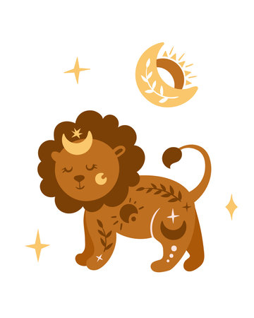 Celestial nursery poster with cute Lion and Moon, boho art for kids room, pre-made poster template 16-20 inches, cute space magic baby illustration, vector designのイラスト素材