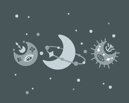 Celestial nursery poster with moon and stars, boho hand drawn moon art for kids room, pre-made poster template 20-16 inches, cute space magic baby illustration, vector designのイラスト素材