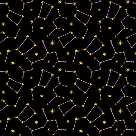 Celestial kids seamless pattern, space digital paper with starry sky, constellations on white, nursery seamless background for textile, scrapbooking, wrapping paper, wallpaperのイラスト素材