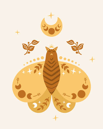 Celestial nursery boho poster with Butterfly and Moon, cute art for kids room, pre-made poster or card template 16-20 inches, cute space magic baby illustration, vector designのイラスト素材