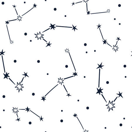 Celestial black and white stars seamless pattern - hand drawn line space digital paper with constellations, cute kids starry seamless background for textile, scrapbooking, wrapping paperのイラスト素材