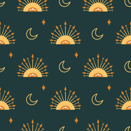 Celestial boho kids seamless pattern with yellow moon and sun on dark, starry sky digital paper, mystical nursery background for textile, scrapbooking, wrapping paper, wallpaperのイラスト素材
