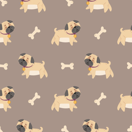 Baby pugs kids seamless pattern, Dog or puppy and bones digital paper, vector seamless background with cute cartoon baby animals or pets for nursery textile, scrapbook, wrappingのイラスト素材