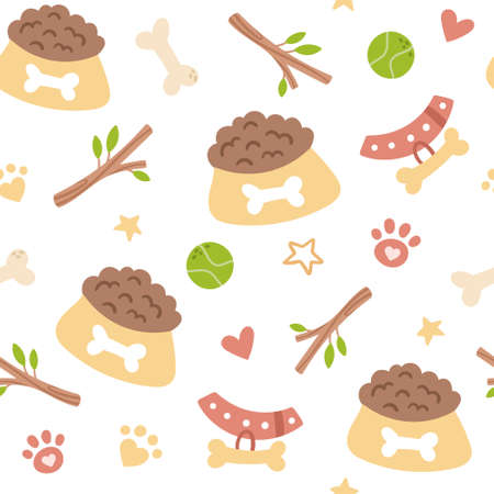 Dog kids seamless pattern, puppy or pets accessories and paw print digital paper, vector seamless background with cute cartoon toys for nursery textile, scrapbook, wrappingのイラスト素材