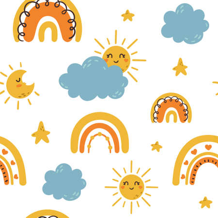 Rainbow cartoon kids seamless pattern, celestial digital paper with sun, moon, rainbow and cloud with white background.のイラスト素材