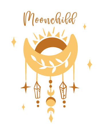 Celestial nursery poster with terracotta moon and stars, boho hand drawn moon art for kids room, pre-made poster template 16-20 inches, cute space magic baby illustration, vector designのイラスト素材