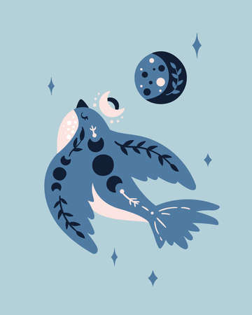 Celestial nursery poster with cute Bird and blue Moon, boho art for kids room, pre-made poster template 16-20 inches, cute space magic baby illustration, vector designのイラスト素材
