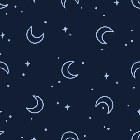 Celestial black and white moon seamless pattern - hand drawn line space digital paper with moon and stars, cute kids starry seamless background for textile, scrapbooking, wrapping paperのイラスト素材