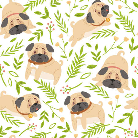 Baby pugs kids seamless pattern, Dog or puppy and spring flowers digital paper, seamless background with cute cartoon baby animals or pets for nursery textile, scrapbook, wrappingのイラスト素材