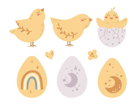 Pastel Easter kids clipart set, boho Easter chickens and eggs, cute baby birds isolated elements on white, cartoon vector illustrationのイラスト素材