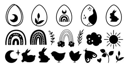 Easter Eggs black and white kids clipart vector bundleのイラスト素材
