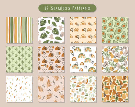 Boho abstrac shapes seamless pattern bundle, boho rainbow Floral digital paper pack, terracotta color endless background with geometric shapes.のイラスト素材