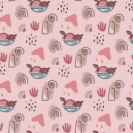 Boho abstract seamless pattern or digital paper, Simple geometric and floral background in bohemian style, modern abstract simple shapes texture for textile, wrapping paper, scrapbookingのイラスト素材