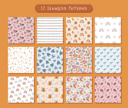 Boho abstract seamless pattern or digital paper bundle, Simple geometric and floral background in...
