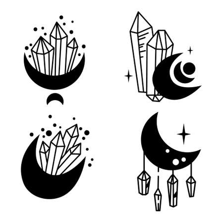 Mystical boho crystal moon isolated cliparts bundle, celestial collection, moon and crystals set, magic line crescent moon and gems bundle, esoteric objects - black and white vector illustrationのイラスト素材