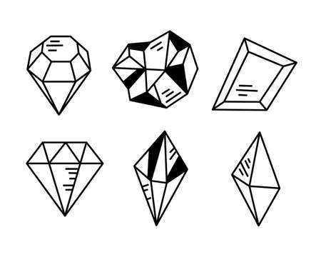 Crystals or gemstones cliparts bundle, gem collection, jewelry stone or diamond set, black and white isolated objects black and white vector illustrationのイラスト素材