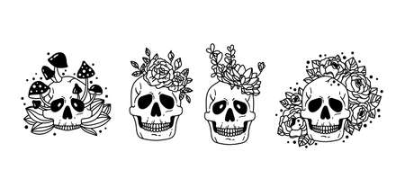 Mystical floral skull isolated clipart bundle,creepy floral boho skull collection, cactus, succulent, mushroom human skull set, horror halloween black and white vectorのイラスト素材