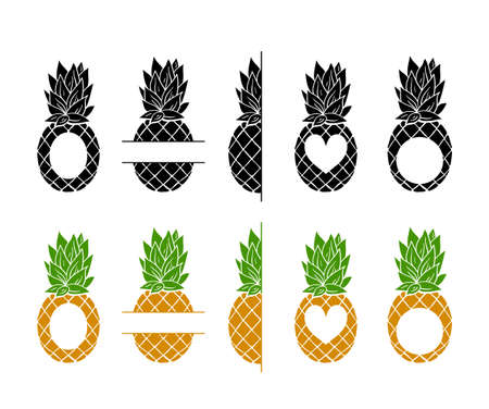 Pineapple monogram frame cliparts bundle, black and colorful version of pineapple print, tropical fruit frame with place for text, isolated items on white - vector digital setのイラスト素材