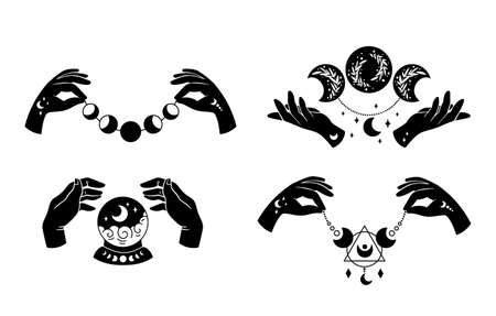 With hands and Mystical boho moon isolated cliparts bundle, celestial collection, moon and stars set, magic line crescent witchy moon, esoteric objects, black and white vector illustrationのイラスト素材