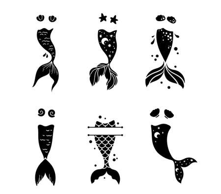 Little mermaid tail isolated clipart bundle, baby mermaid decor, sea underwater life black and white vector graphic, magic fish tail and monogram frame items setのイラスト素材
