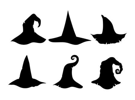 Halloween witch hat silhouette bundle, cute witchy wizard Hat black and white isolated clipart on white background, halloween party decor, sublimation for t-shirt, cards, vector kids setのイラスト素材