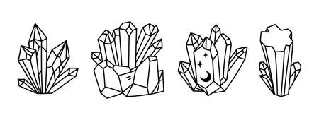 Crystals or gemstones cliparts bundle, gem collection, jewelry stone or diamond set, black and white isolated objects black and white vector illustrationのイラスト素材