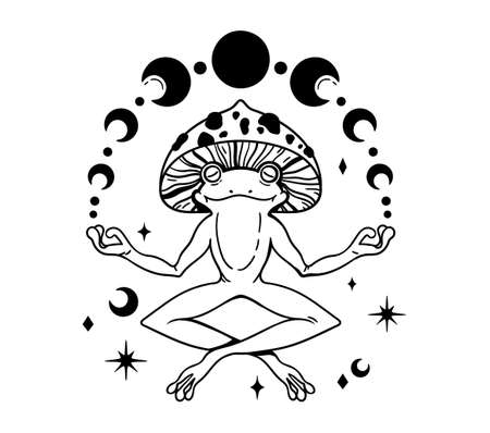 Funny frog and moon phases isolated clip art, Yoga meditating frog, mystical celestial toad, Hand drawn cute animal, vector characterのイラスト素材