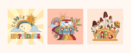Groovy retro posters or cards set, 70s nostalgia and positive vibes, hippie culture, stylised mushroom, flower and lettering, vector illustrationsのイラスト素材