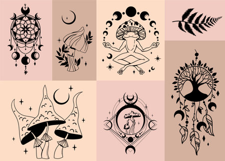 Mysticism vector clipart kit, Celestial frog, Flower moon and mushrooms, fern leaf, mystical dream catcher isolated illustrations bundle in black and whiteのイラスト素材