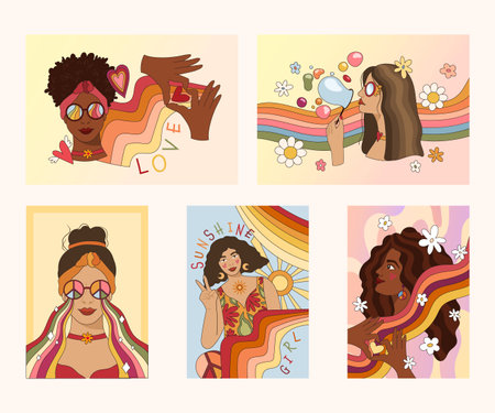 Retro girl stylized portrait, 70s hippie groovy woman face different skin color options, funny positive nostalgia posters pre-made template, vintage vector setのイラスト素材
