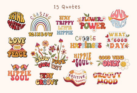 Groovy 70s retro lettering compositions kit, flowers, mushrooms and rainbow, love and peace hippie nostalgia positive vibes, optimistic quote for inspiration vector hand drawn artのイラスト素材