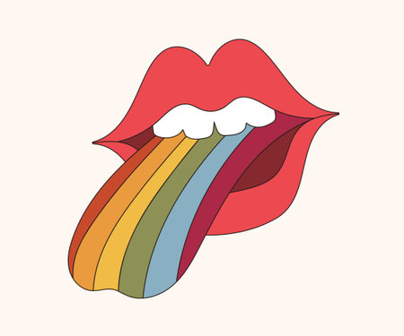 Groovy retro isolated clip art with funny lips and rainbow colored tongue, 70s nostalgia, old fashioned aesthetic, positive optimistic vibes vector illustrationのイラスト素材