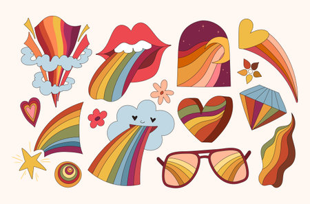Groovy retro isolated clip art bundle, 70s nostalgia, old fashioned aesthetic, stylized rainbow abstract shapes, diamond, lips, flowers big vector kitのイラスト素材