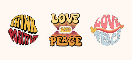 Groovy 70s retro composition with positive inspiring quote - peace and love, nostalgia hippie vibes, optimistic poster or card print, vector hand drawn artのイラスト素材