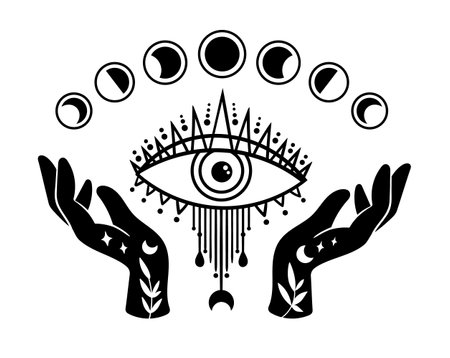 Mystical witch hands with evil eye and moon phases isolated clipart, celestial boho hands holding the third eye, silhouette esoteric symbols, black and white vector imageのイラスト素材