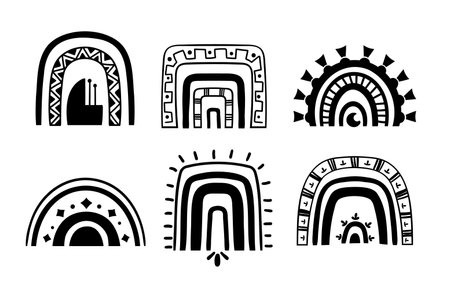 Mystical boho geometric rainbow isolated cliparts bundle, celestial moon and rainbows set, magic whimsical black silhouette images, esoteric objects - black and white vector illustrationのイラスト素材