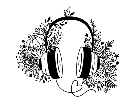 Headphones and wildflowers hand drawn isolated clip art on white, Floral earphones in line, Music lover composition for DIY gift, Headset with flowers black and white vector illustrationのイラスト素材