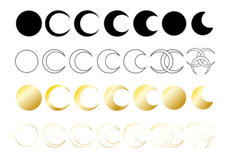 Mystical moon phases line and silhouette isolated clip arts bundle, celestial magic moon collection, black and gold color vector icons isolated on white, witchy celestial symbolsのイラスト素材